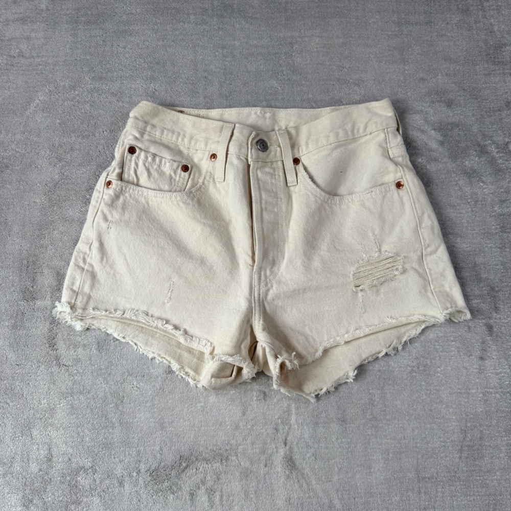 Levis Shorts Womens 26 Cream 501 Original Denim Distressed High Rise Button Fly